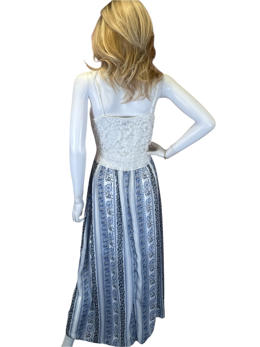 J for Justify Cream Crochet Bodice Blue Striped Maxi Dress - Picture 5 of 9